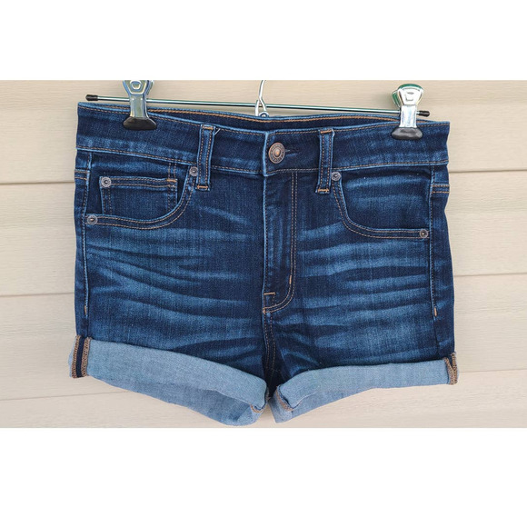 AE American Eagle Hi-Rise‎ Shortie Shorts Size 6 Dark Wash - Picture 1 of 6
